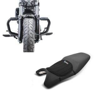 Sett: Crash bar Moustache II egnet for Harley Davidson Sportster 04-20 crash bar svart Craftride + motorsykkel gel setepute Tourtecs neopren M gel pute setetrekk i svart