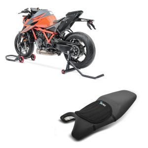 Sett: Enarms reparasjonsstativ egnet for KTM 1290 Super Duke / R 14-21 bak foran Constands + gel setepute neopren M gel pute setetrekk i svart