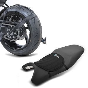 Set: Hinterrad Zurrgurt mit 4x Ratschen-Spanngurten Set Abspanngurt + Gel Sitzkissen Neopren M Gelkissen Sitzauflage in schwarz_1