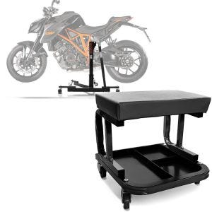 Set: Zentralständer KTM 1290 Super Duke / R 17-19 Motorradheber Power-Evo + Werkstatthocker mit Rollen WS3 Werkstattstuhl schwarz_1