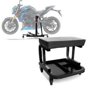 Sett: Sentralstativ egnet for Suzuki GSX-S 750 17-21 motorsykkeljekk Power-Evo + verkstedkrakk med hjul WS3 verkstedstol svart