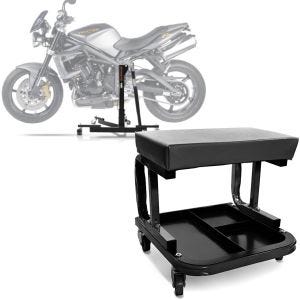 Set: Zentralständer Triumph Street Triple / R 07-21 Motorradheber Power-Evo + Werkstatthocker mit Rollen WS3 Werkstattstuhl schwarz_1