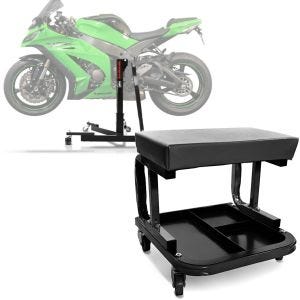 Sett: Sentralstativ egnet for Kawasaki ZX-10R 16-24 motorsykkeljekk Power-Evo + verkstedkrakk med hjul WS3 verkstedstol svart