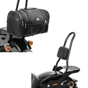 Set: Sissybar Harley Softail Street Bob 18-20 Fast Rider-L Gepäckträger + Hecktasche RB1 Gepäckrolle 24-30Ltr für Chopper Cruiser_1