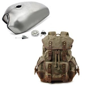 Set: Cafe Racer Tank VT3 für Vintage Scrambler Retro Motorrad-Umbauten + Rucksack Canvas RG8 Vintage Motorradtasche 20Ltr Retro grün_1