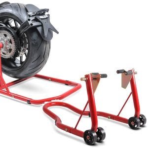 Set: Einarmständer Ducati Monster 1200 / S 14-20 Montageständer Singl + Montageständer Vorderrad Classic-V Motorradständer mit V-Aufnahmen rot_1