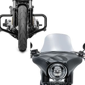 Set: Sturzbügel für Harley Softail Sport Glide 18-21 Mustache schwarz + Windschild für Harley Sport Glide 18-21 L Windschutzscheibe rauchgrau_1