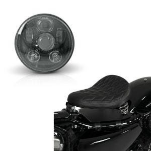 Set: Solo Federsattel mit Grundplatte SG11 schwarz + LED Scheinwerfer 5,75 Zoll für Harley Hauptscheinwerfer schwarz_1