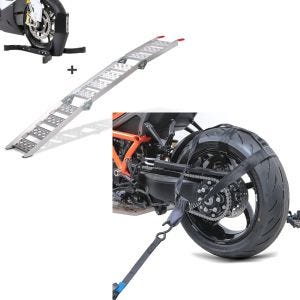 Set: Auffahrrampe Alu CS3 + Motorradwippe Easy Plus klappbar max. 270kg + Hinterrad Zurrgurt mit 4x Ratschen-Spanngurten Set Abspanngurt_1