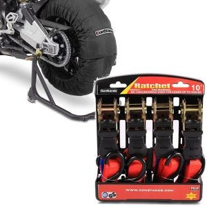 Set: Reifenwärmer Set Billown 60-80-95 °C für Vorderrad Hinterrad 17 Zoll + Spanngurt Set mit Ratsche und Haken inkl 4x Zurrschlaufe in rot_1