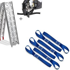 Set: Auffahrrampe Alu CS1 + Motorradwippe Easy Plus klappbar max. 340kg + Zurrschlaufen für Spanngurte, 6er Mega Pack Blau_1