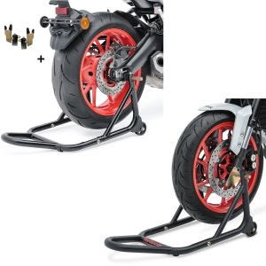 Sett: Reparasjonsstativ for bakhjul, universal racing svart + Evo-V forhjulsreparasjonsstativ med matte V-fester