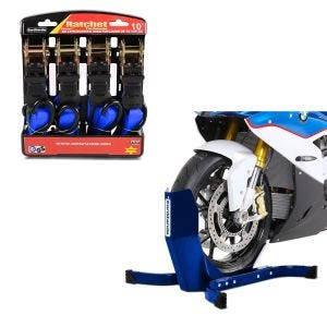 Set: Motorradwippe Easy-Plus Motorradständer bis 21 Zoll blau + Spanngurt Set mit Ratsche und Haken inkl 4x Zurrschlaufe in blau_1