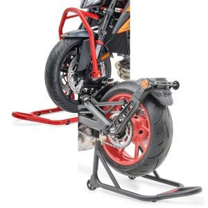 Set: Lenkkopfständer Classic 5 PIN Lenkkopf Montageständer rot + Basis Hinterrad Montageständer schwarz matt_1