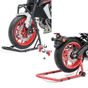 Set: Lenkkopfständer Classic 5 PIN Lenkkopf Montageständer schwarz + Montageständer Hinterrad Universal-Racing S rot_1
