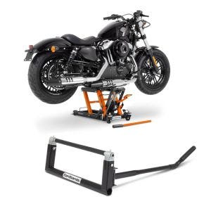 Set: Hebebühne Mid-Lift L Motorradheber für Harley und Chopper bis 680kg + Chopper Motorradzentralheber. Custom Bike-Heber schwarz_1