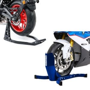 Set: Motorradwippe Easy-Plus Motorradständer bis 21 Zoll blau + Montageständer Hinterrad Superlight Racing schwarz_1