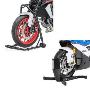 Set: Lenkkopfständer Classic 5 PIN Lenkkopf Montageständer schwarz + Motorradwippe Easy Plus Vorderradwippe Motorradständer bis 21" schwarz_1