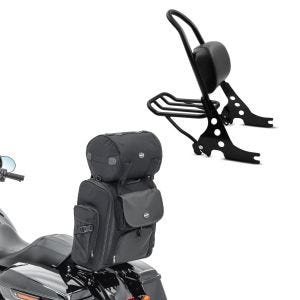 Sett: Sissybar egnet for Harley Davidson Sportster 1200 Iron 18-20 Craftride Fast Rider-M inkl. bagasjeholder sort + motorsykkel sissybar bag Craftride SXL halebag med bagasjerull i sort.