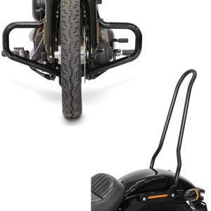 Set: Sturzbügel Mustache für Harley Softail Street Bob / Low Rider 18-21 + Sissybar für Harley Softail Street Bob 18-20 Tampa schwarz_1
