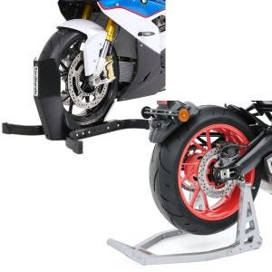 Set: Motorradwippe Easy Plus Vorderradwippe Motorradständer bis 21" schwarz + Montageständer Hinterrad Superlight Racing silber_1