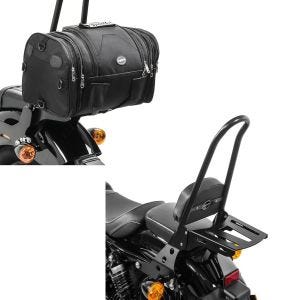 Sett: Sissy bar egnet for Harley Davidson Sportster 04-20 Craftride Fast Rider-XL inkl. bagasjeholder svart + motorsykkel hale bag Craftride RB1 bagasjerull 24-30 liter for chopper cruisere og custom sykler svart.