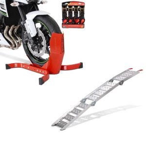 Set: Easy Plus rot - Motorradwippe inklusive 4-fach Spanngurt-Set + Auffahrrampe bis 270 kg Alu-III dreifach klappbar_1