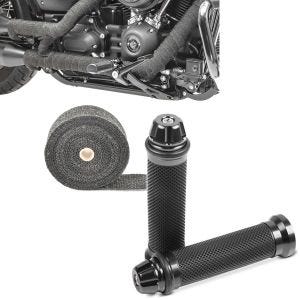 Sett: varmebeskyttelsestape eksostape svart 10m + styrehåndtak 2X 22mm titanium