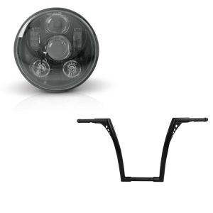 Sett: Styre Ape Hanger Fat B2 1-1/4" høyde 16" egnet for Harley Davidson fra Craftride svart + LED frontlykt 5,75 tommer egnet for Harley Davidson hovedlykt svart Craftride