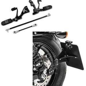 Sett: Foroverfotstøttesystem egnet for Harley Davidson Sportster 883 Iron 09-13 Craftride svart + sideskiltholder egnet for Harley Davidson Sportster 883 Iron 09-20 Craftride svart