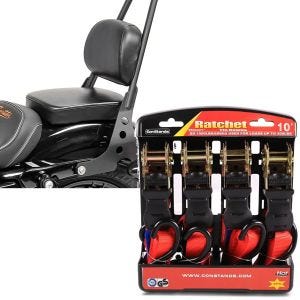 Set: Sissybar Harley Sportster 04-20 Fast Rider-M schwarz + Spanngurt Set mit Ratsche und Haken inkl 4x Zurrschlaufe in rot_1