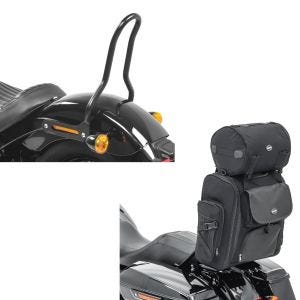 Set: Sissybar für Harley Davidson Softail 18-21 Tampa S schwarz + Sissybar Tasche SXL Hecktasche mit Gepäckrolle in schwarz_1