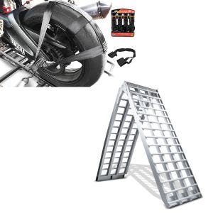 Set: Alu Auffahrrampe V, bis 680 kg, klappbar, für Motorrad, Scooter, Quad + Hinterrad und Lenker Zurrgurt mit 4x Ratschen-Spanngurten Set_1