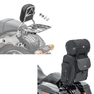Sett: Sissybar egnet for Harley Davidson Softail / Sport Glide 18-24 R1 med bagasjehylle og docking krom Craftride + motorsykkel sissybar bag Craftride SXL halebag med bagasjerull i svart
