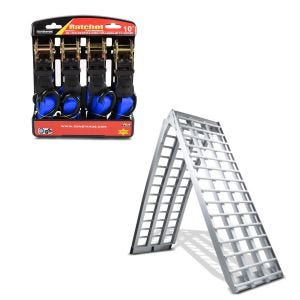 Set: Alu Auffahrrampe V, bis 680 kg, klappbar, für Motorrad, Scooter, Quad + Spanngurt Set mit Ratsche und Haken inkl 4x Zurrschlaufe in blau_1