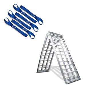 Set: Alu Auffahrrampe V, bis 680 kg, klappbar, für Motorrad, Scooter, Quad + Zurrschlaufen für Spanngurte, 6er Mega Pack Blau_1