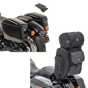 Set: Seitenkoffer Set Nevada für Chopper je 20Ltr inkl. Haltesatz + Sissybar Tasche SXL Hecktasche mit Gepäckrolle in schwarz_1