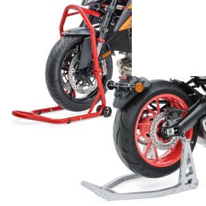 Set: Lenkkopfständer Classic 5 PIN Lenkkopf Montageständer rot + Montageständer Hinterrad Superlight Racing silber_1