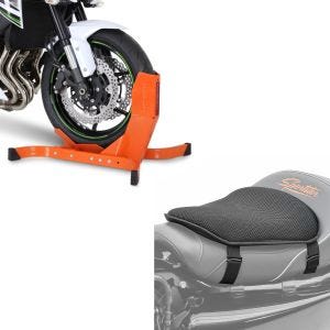 Set: Motorradwippe Easy-Plus Motorradständer bis 21 Zoll orange + Gel Sitzkissen M Universal Komfortkissen schwarz_1
