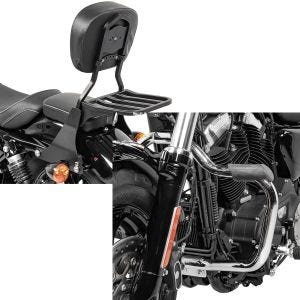 Sett: Sissy bar egnet for Harley Davidson Sportster 04-20 Craftride Fast Driver-S inkl. bagasjeholder svart + crash bar egnet for Harley Davidson Sportster 2004-2020 Craftride Moustache krom.