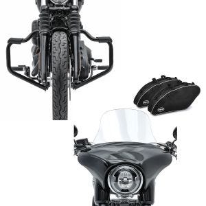 Set: Sturzbügel Mustache für Harley Softail Sport Glide 18-21 schwarz 32mm + Set Windschutz L + Koffer Innentasche für Harley Sport Glide 18-21_1