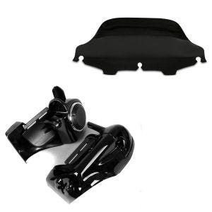 Set: Beinschild für Harley Touring Modelle 1983-2013 mit Lautsprecher + Windschild Wave 8" für Harley- Electra-Street Glide 96-13 schwarz_1