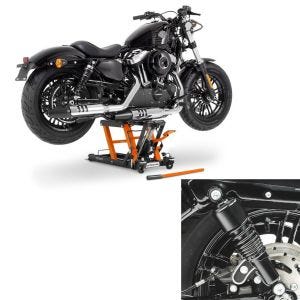 Set: Hebebühne Mid-Lift L Motorradheber für Harley und Chopper bis 680kg + Stoßdämpfer 10,5 Zoll Harley Sportster 883 Iron 09-20 Federbeine_1