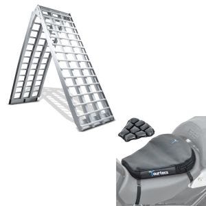 Set: Alu Auffahrrampe V, bis 680 kg, klappbar, für Motorrad, Scooter, Quad + Luftkissen Air Deluxe M Komfort Sitzkissen in schwarz_1