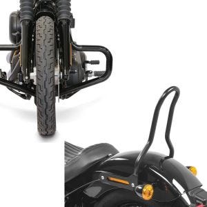 Set: Sturzbügel Mustache für Harley Softail Street Bob / Low Rider 18-21 + Sissybar für Harley Davidson Softail 18-21 Tampa S schwarz_1