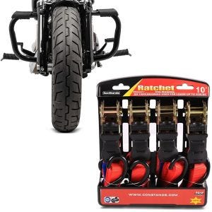 Set: Sturzbügel Harley Sportster 04-20 Mustache in schwarz + Spanngurt Set mit Ratsche und Haken inkl 4x Zurrschlaufe in rot_1