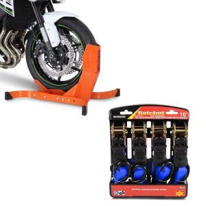 Set: Motorradwippe Easy-Plus Motorradständer bis 21 Zoll orange + Spanngurt Set Harley Street Glide / Special mit Ratsche blau_1