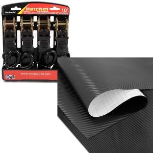 Set: Spanngurt Set mit Ratsche und Haken inkl 4x Zurrschlaufe in schwarz + Wrapping Klebefolie Carbonfolie 75x100cm Carbon-Look 3D in schwarz_1