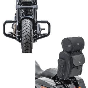 Set: Sturzbügel Mustache II für Harley Softail Fat Bob 114 18-21 schwarz + Sissybar Tasche SXL Hecktasche mit Gepäckrolle in schwarz_1