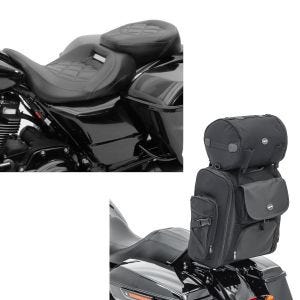 Sett: Motorsykkelsete Craftride RH3 egnet for Harley Davidson Touring 09-24 Komfortsete i svart + Motorsykkel sissy bar bag Craftride SXL halebag med bagasjerull i svart